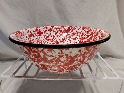 Vintage Graniteware Enamelware Mixing Bowl Red White Swirl