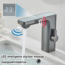 Waschtischarmatur LED Smart Sensor Wasserhahn Grau Bad Waschbecken Mischbatterie