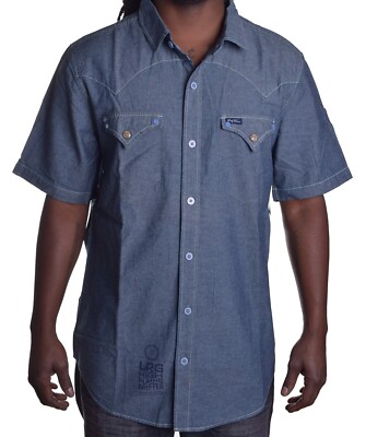 LRG Lifted Research Group Chambray Denim Blue Woven SS Button Up Shirt Medium