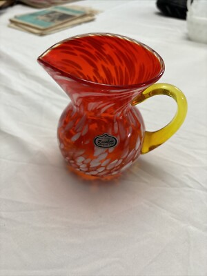 Vintahe/MCM Rainbow Hand Blown Art Glass Pitcher Orange/White Color With Sticker