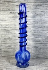Vintage Cobalt Blue  White Swirl Art Glass Vase Applied Black Glass Accent Wrap