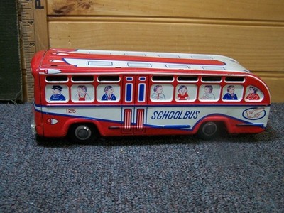 Vintage MITU Japan Tin Litho School Bus Was Friction Toy Great Graphics 1960s 9''
