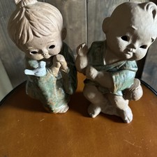 Rare Vintage Pair Porcelain Child Climbing Tree Bird &Nesting Stand Child Set