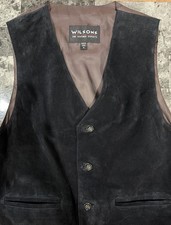 Wilsons Leather Suede Vest Mens Medium Black Brown Back Cinch Waistcoat V-Neck