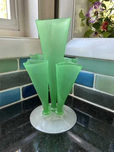 Vtg Steuben Art Deco 5 Pronged Vase Green Jade Glass Alabaster Foot 1930’s Wow!