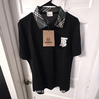 Burberry London Men's Black Polo Shirt Medium Plaid Collar TB Logo