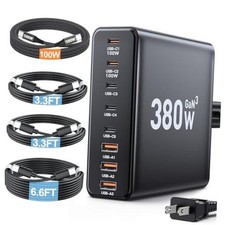 380W USB C Charger Block with 4 USB Cables Dual 100W Charging Station 5FT Black
