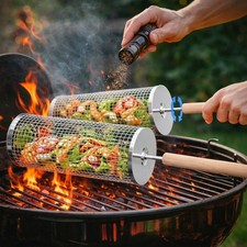 Grillkorb Grillzubehör 2er Set Edelstahl 304 Rollender Nestbar Buchenholz Gemüse