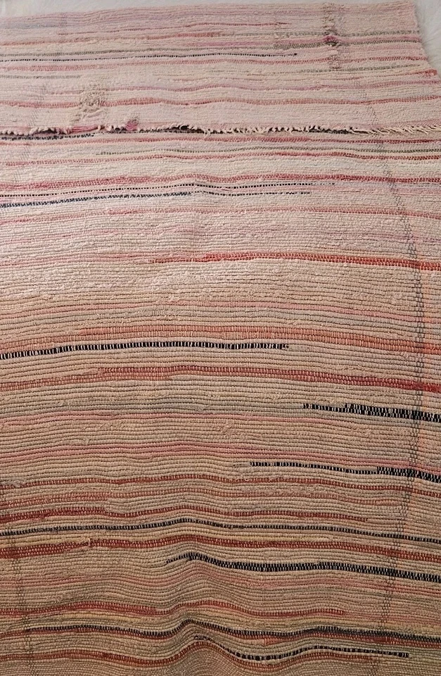 Alfombra de trapo de colección Country telada a mano 72 x 28" piso corredor rosa rojo rayas algodón años 70 Foto 4 de 4