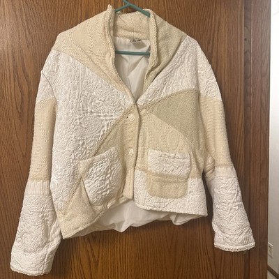 Parsley & Sage Patchwork Textured Jacket Cream Beige L Boho Artsy Button Front