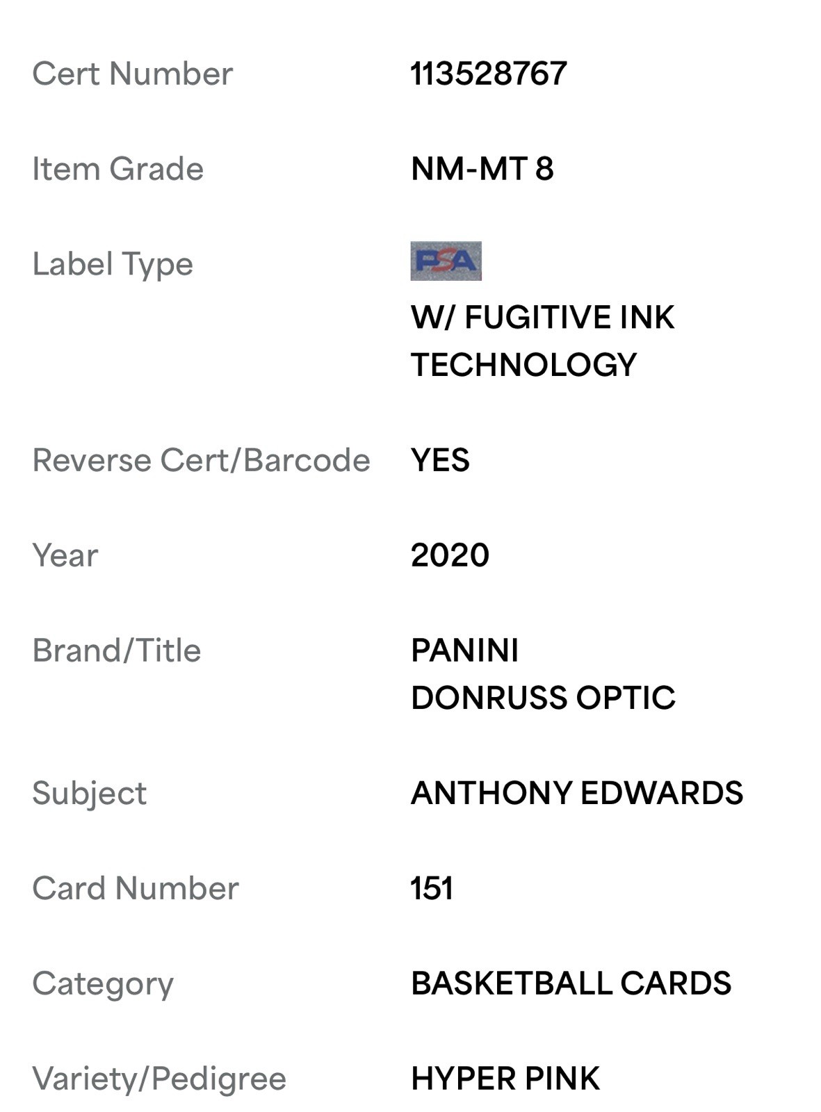 2020 Donruss Optic Anthony Edwards #151 Hyper Pink Rookie RC PSA 8 NM-MT!