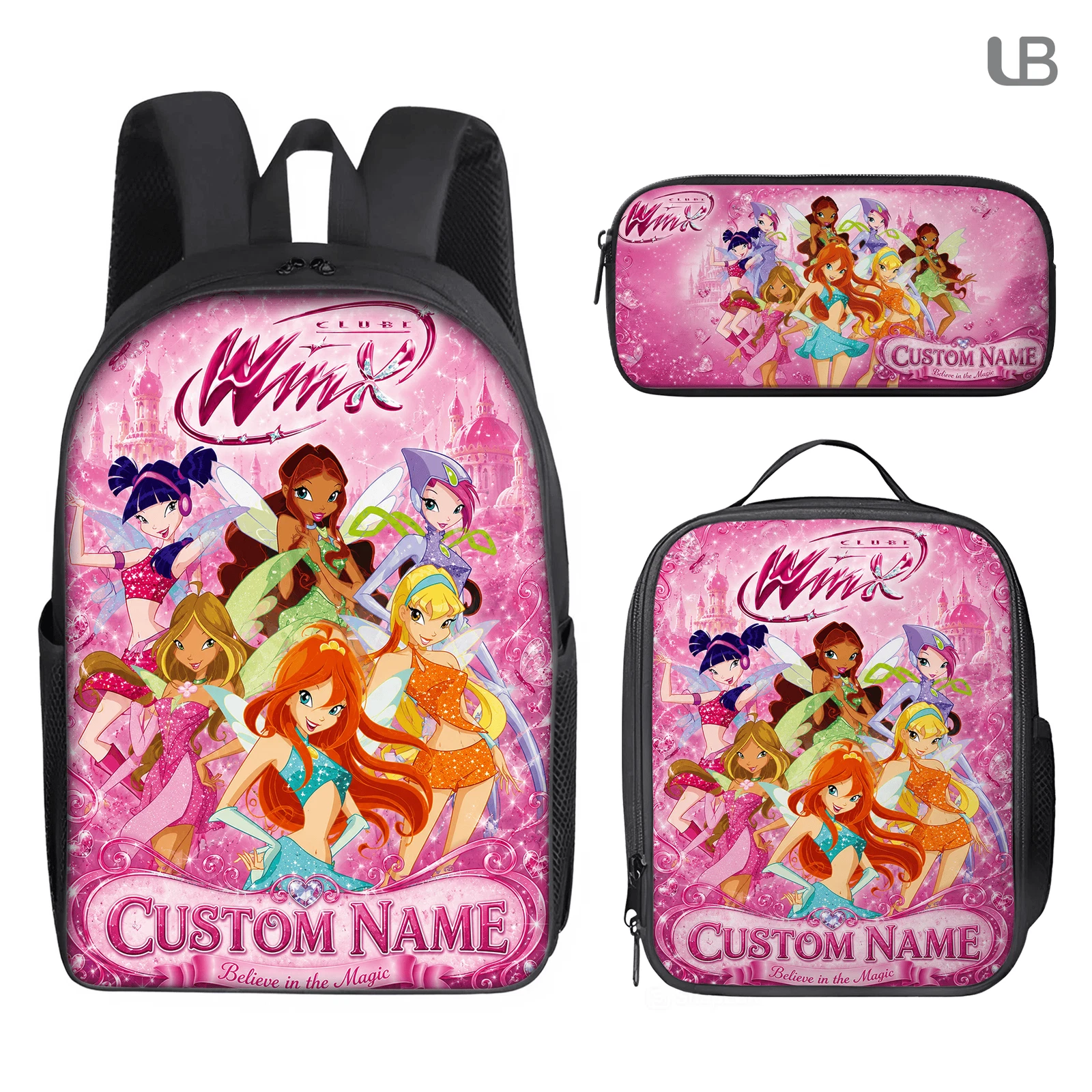 Personalized Fairy Girls Backpack Lunch Bag Pencil Case 3PCS Set