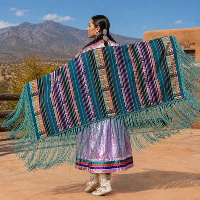 Handmade Native Wedding/Dance Shawl Turquoise Woven Serape Style 27" x 60" - Photo 1/2