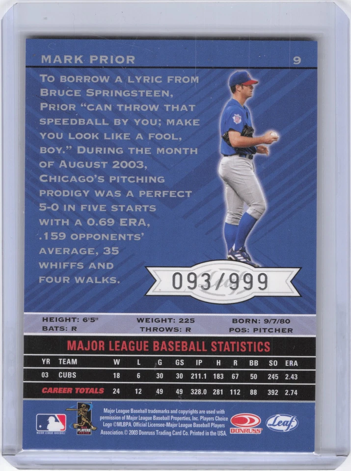 2004 Leaf Limited #9 Mark Prior Previews #/999 - Image 2 of 2