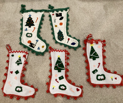 Handmade Christmas Stockings 2 1960s, 3 90s Felt Pompoms Lot of 5 Vintage