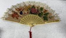 Vintage Hand Folding fan Hand Painted Fabric Flowers Bird Scene With lace edging