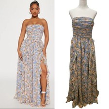 NWT Fashion Nova Sophia Chiffon Maxi Dress Size XL Blue Orange Floral Strapless