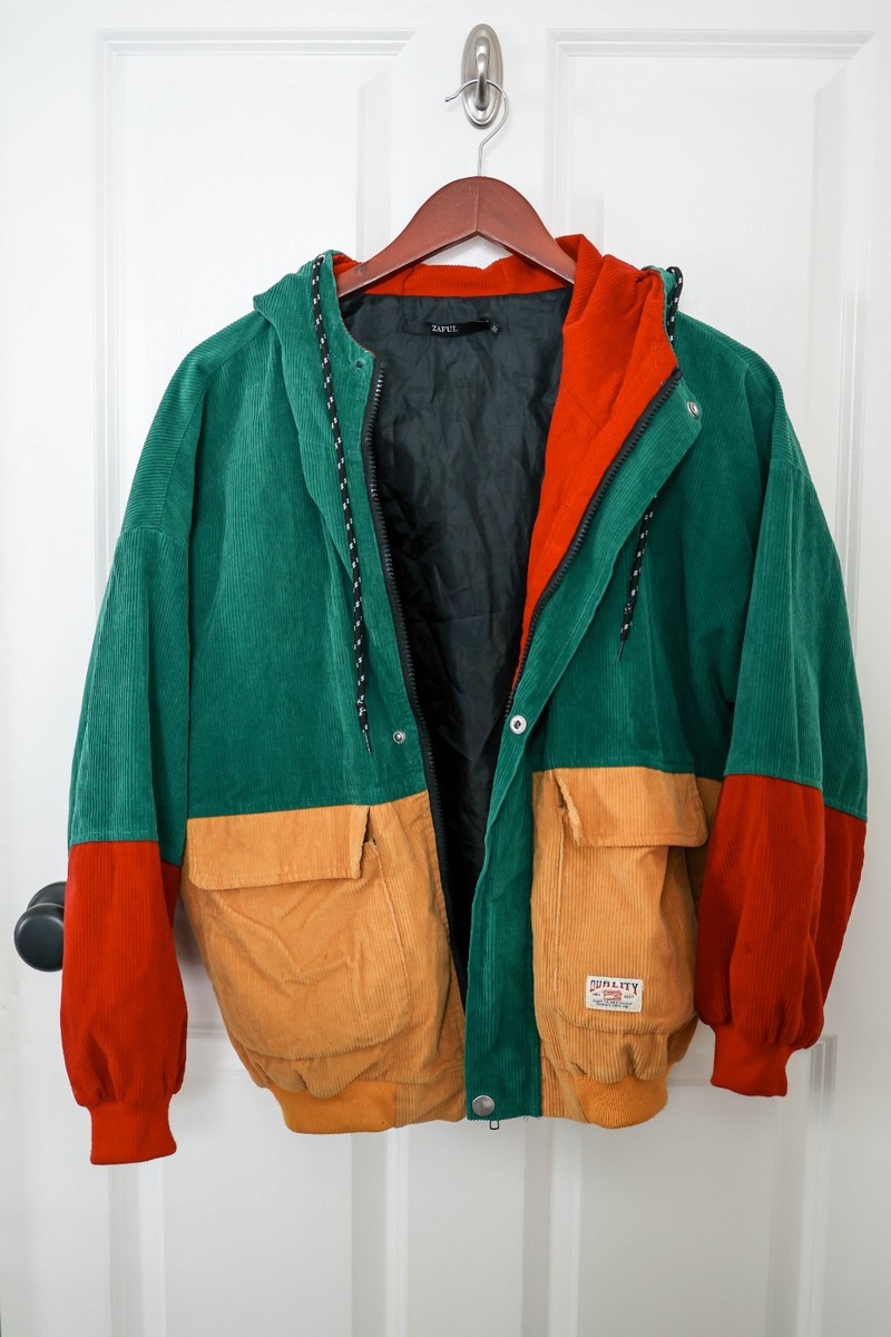 Zaful Colorblock Corduroy Hooded Jacket Green Tan Rust Casual Streetwear unisex
