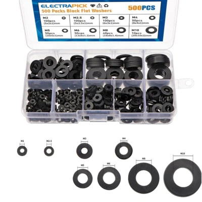 ELECTRAPICK 500pc Nylon Flat Washers Kit Thick Flat Sealing Black Plastic Washer M2 - M10 UK