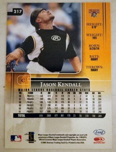 2002 (PIRATES) Leaf Rookies and Stars #217 Jason Kendall - Picture 2 of 2