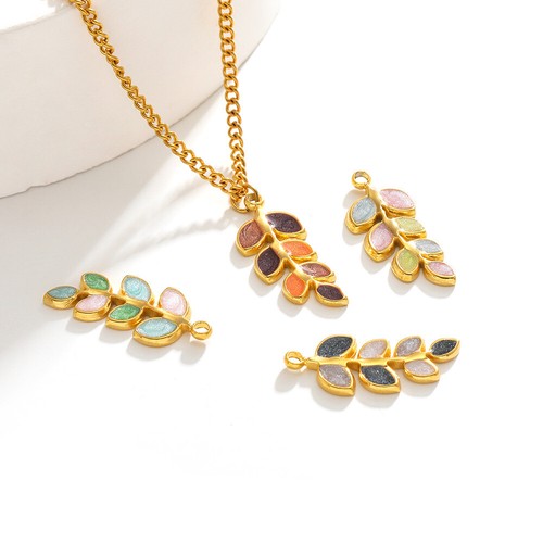 10PCS Gold Stainless Steel Enamel Leaf Charm Pendant for diy Jewelry Making 20mm - Picture 2 of 10