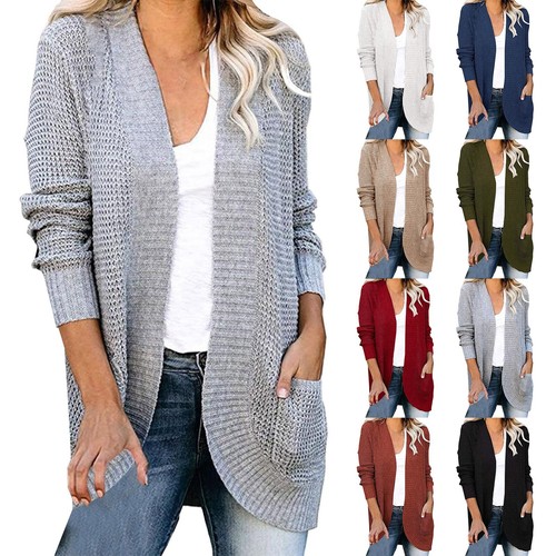 Women's Solid Color Sweater Cardigan Long Sleeve Open Front Pocket Knit Jacket