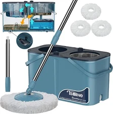 Mop and bucket set with wringer, rotating mop and bucket system