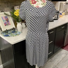 J Crew Blue & White Stripe Dress Size 10 Cap Sleeve Elastic Waist Lightweight