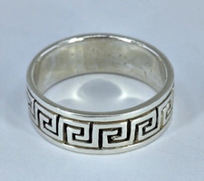 Mens Signed NF 925 Sterling Silver Greek Key Band 7mm Wide RING Size 9.75