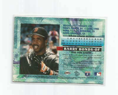 BARRY BONDS (San Francisco Giants) 1995 TOPPS EMBOSSED MVP SILVER