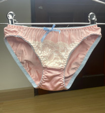 Vintage Slippery Polyester Sissy Panty White Nylon Floral Lace Briefs Bikini Sz5