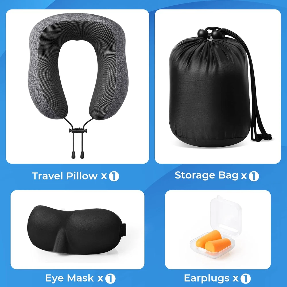 Travel Pillow Set - Memory Foam Neck Pillow, Eye Mask, Earplugs, Storage Bag