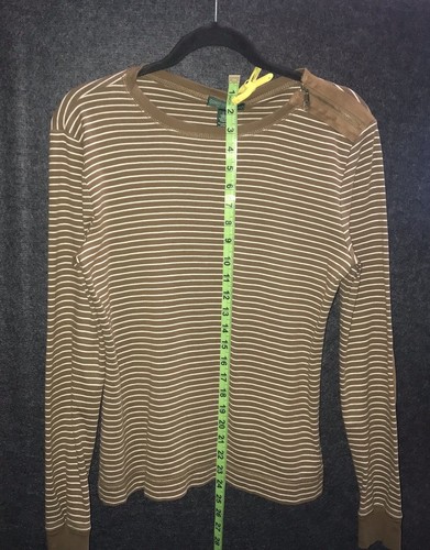 Lauren Ralph Lauren Faux Suede Patch Elbow Brown Tan Striped Long Sleeve Shirt - Picture 10 of 11