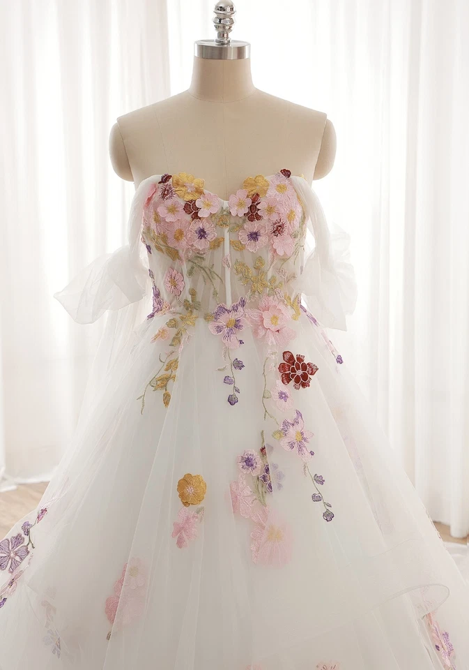 Gerafftes Farbiges Ballkleid Brautkleid Schnürt 44 36 38 40 42 Blumen Duchesse - Bild 4 von 4
