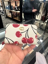 NWT Coach Chalk W/Cherry Print Leather S Zip Around Card Case W/Exterior Pocket
