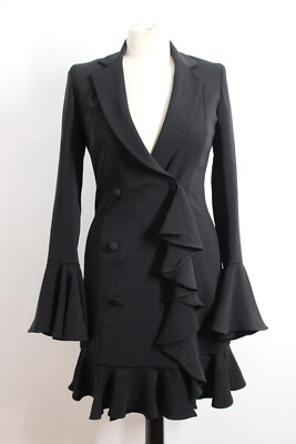 Issue New York XS Black Ruffle Bell Sleeve Mid-Length Coat Dress Jacket USA