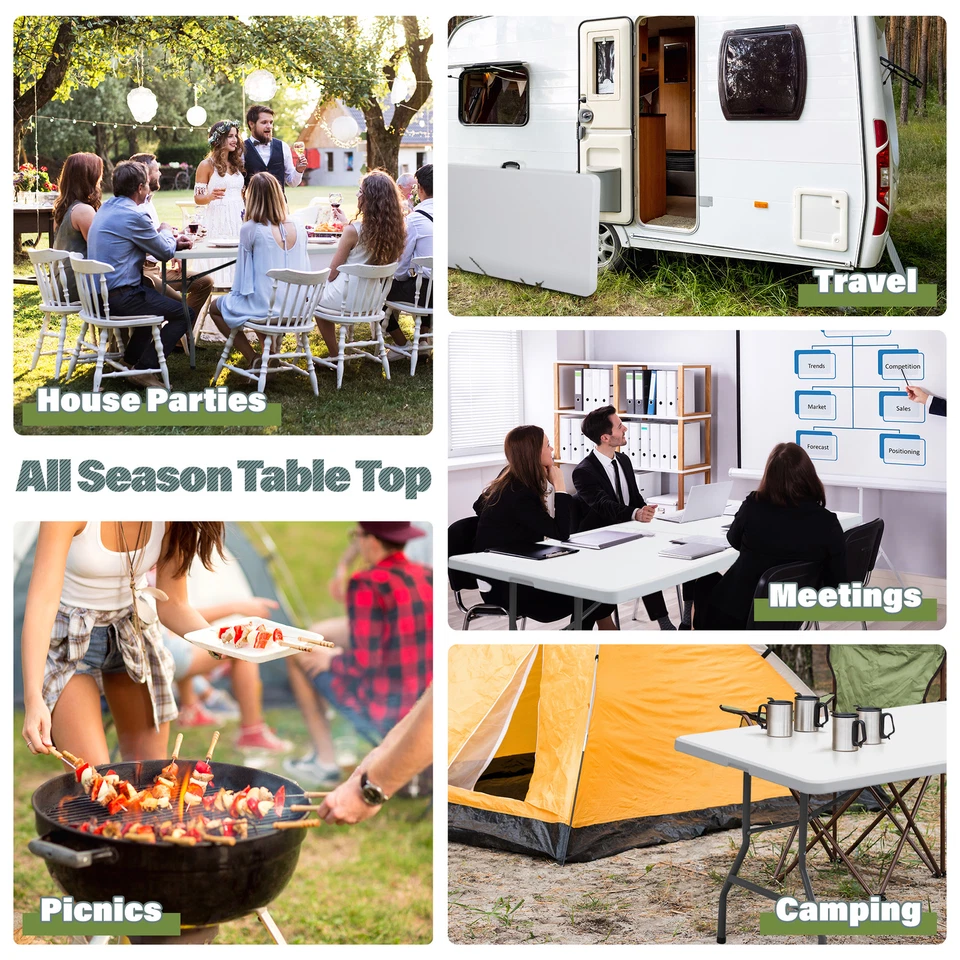 Mesa Plegable Plástico 8' Blanca con Bloqueo de Manija Playa Familia Picnic Interior Exterior Foto 2 de 4