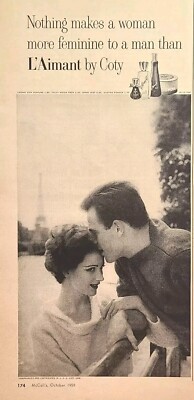 L'Aimant Scented Perfumed Cream Powder Spray Paris Couple Vintage Print Ad 1959