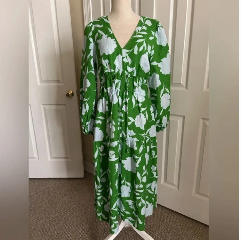 Abito midi Kate Spade lino verde bianco manica lunga taglia S