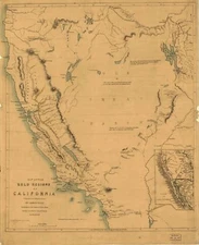 20" x 24" 1849 Map Of Gold Mining Regions Of California