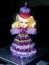 Vintage Safety Pin Beaded Doll Dress with Hat, Purple And Gold Very Cute 4"X2"