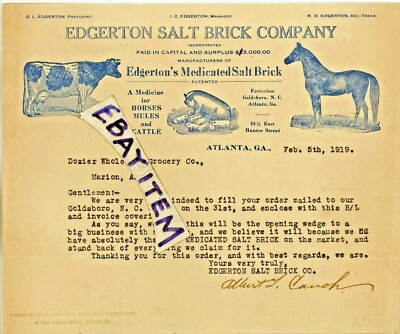 1919 Atlanta GA Georgia EDGERTON SALT BRICK CO Veterinary Medicine ALBERT CAUCH