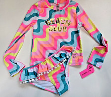 Betsey Johnson Girl's 12 Long Sleeve 2 Pc Rash Guard Tankini Swimsuit Beach Club