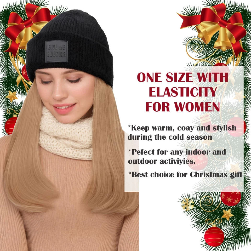 18in Beanie Hat Wig with Hair Attached Long Wavy Black Winter Knitted Hat Warm M - Image 3 of 4