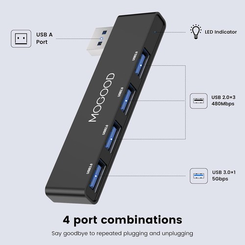 MOGOOD USB 3.0 Splitter Hub Adattatore Multiporta per MacBook, PC, Surface Pro - Foto 4 di 6