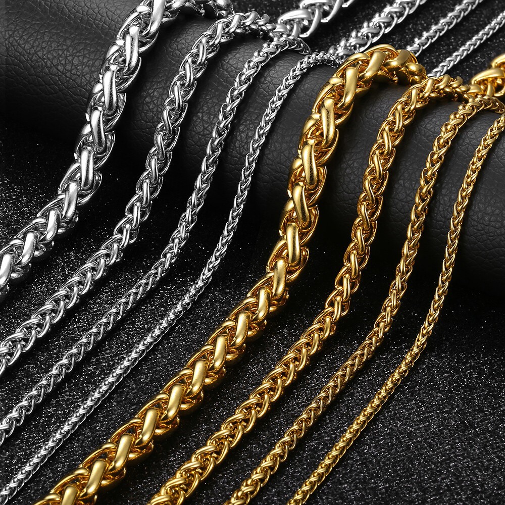 USA Stock 3/4/5mm Unisex Wheat Spiga Chain Stainless Steel Necklace Silver Men