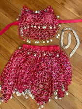 Pink Sequin Mesh Belly Dance Set Bra Top & Hip Scarf Coin Trim and head piece