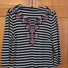 Talbots Dress Large Navy Blue Striped Embroidered Nautical Stripe T-Shirt Dress