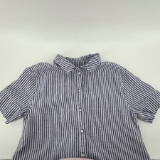 Tahari Shirt Dress Women Beach Sz M Blue 100% Linen Striped Button Short Sleeve