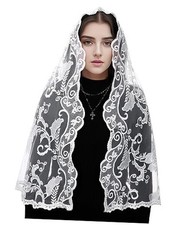 Lace Mantilla Chapel Veil: Long D Shaped White Flower Embroidered Church